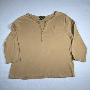 Lauren Ralph Lauren Womens Top XL Tan 3/4 Sleeve Henley Neck Cotton Casual